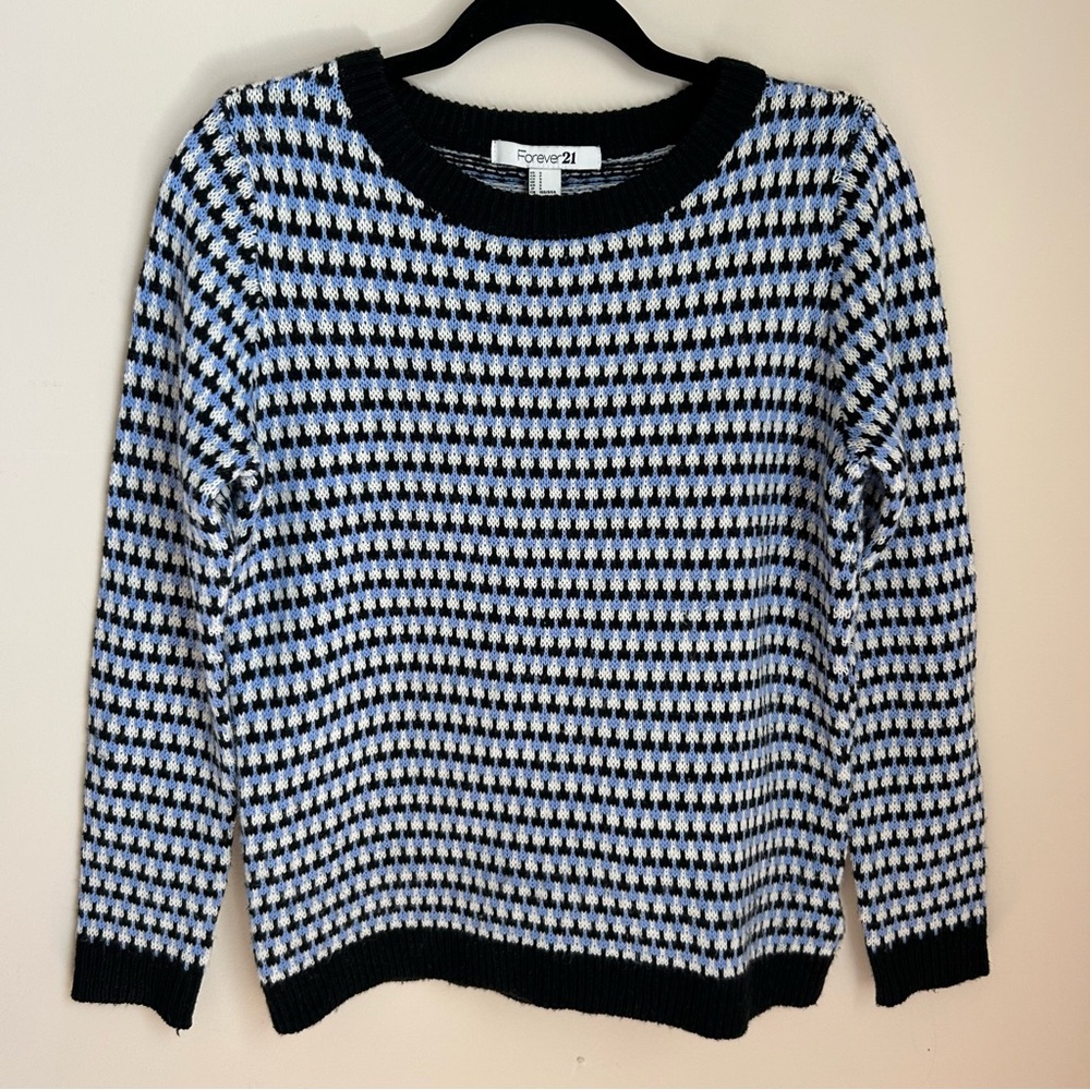 Forever 21 Blue White & Black Checked Knit Classic Sweater Pullover Crew Sz S